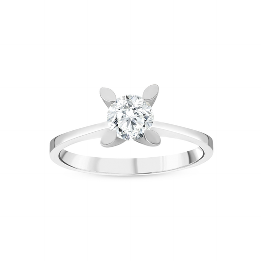 Front view of a 0.60 ct natural round diamond solitaire ring with four petal claws in 14K white gold