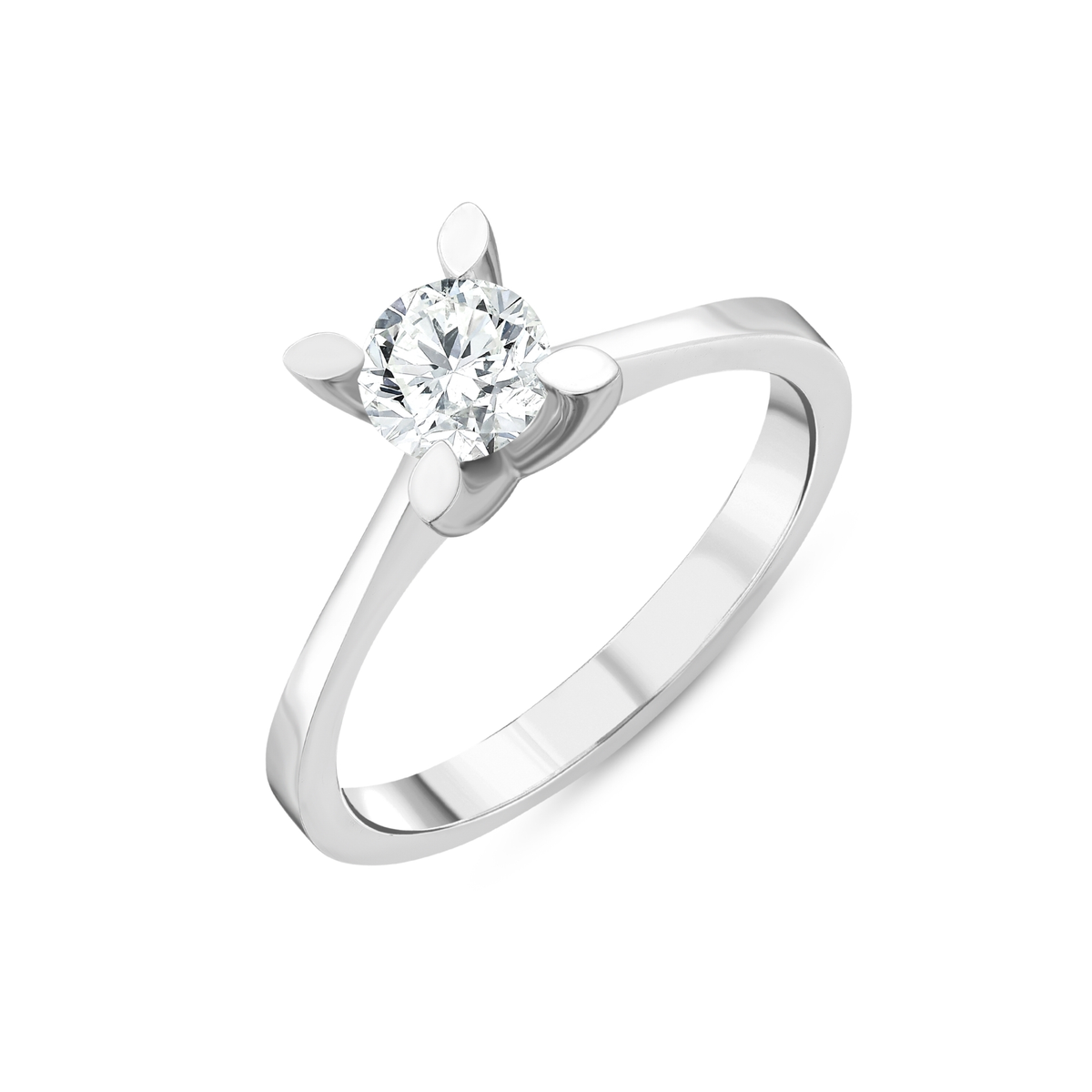Three-quarter view of the 0.60 ct natural diamond four-petal solitaire ring showing the cathedral shoulders, 14K white gold