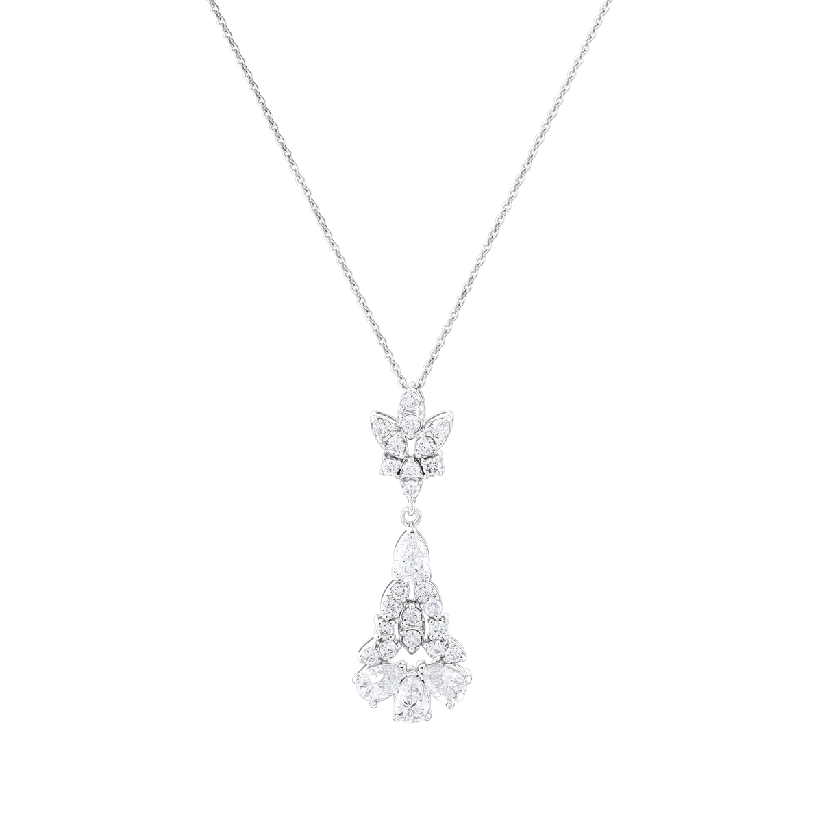 0.77 ct tw natural diamond pear chandelier drop pendant necklace in 14K solid white gold on a fine cable chain, front view