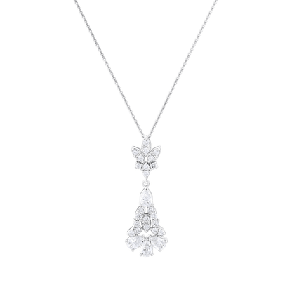 0.77 ct tw natural diamond pear chandelier drop pendant necklace in 14K solid white gold on a fine cable chain, front view
