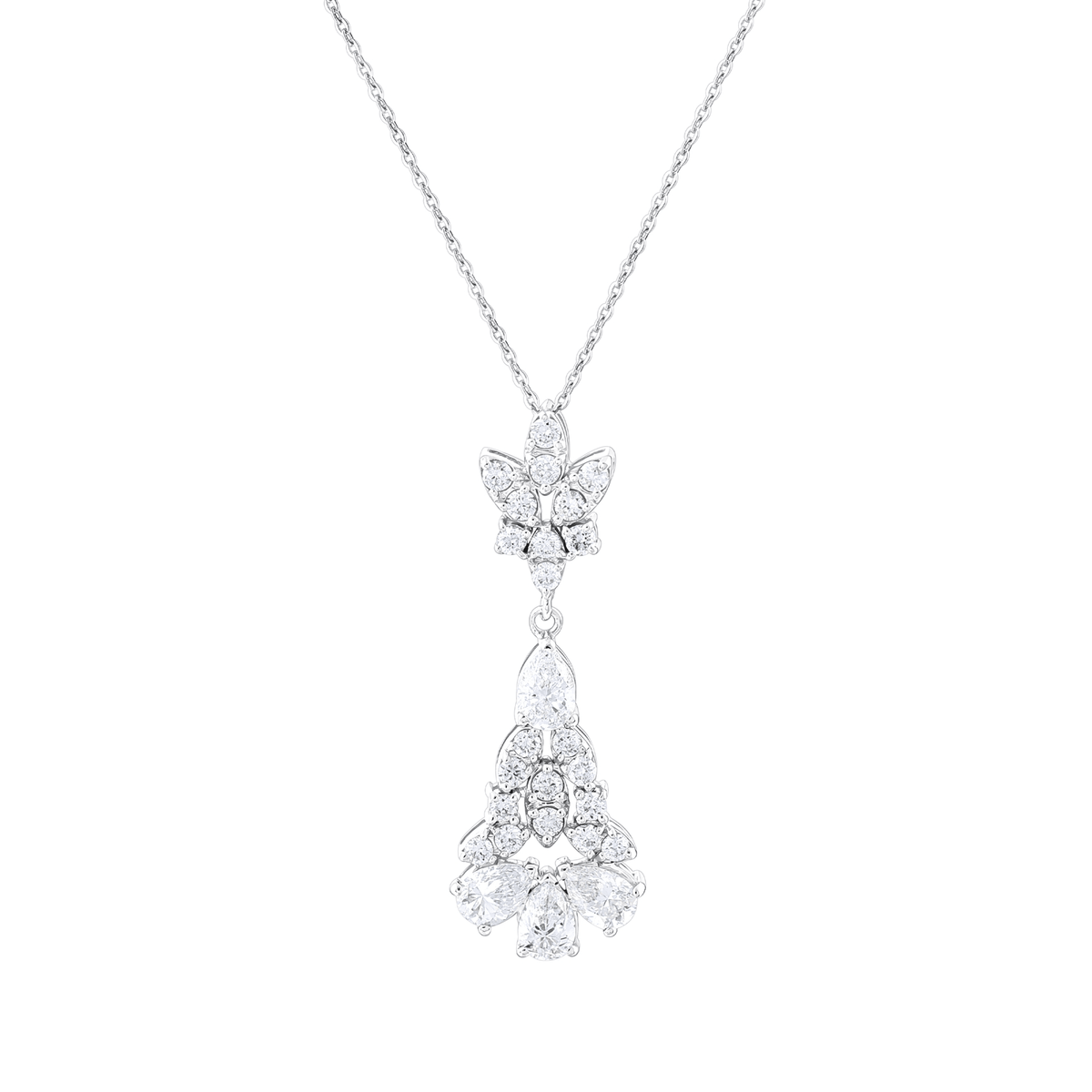 Close view of the diamond lotus, pear diamonds and round brilliants of the chandelier drop pendant in 14K white gold