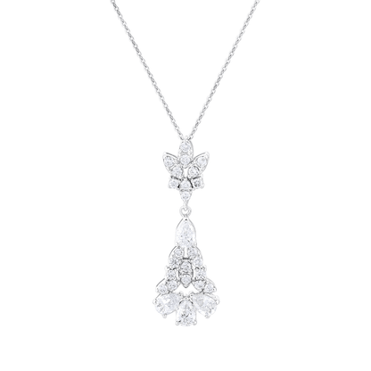 Close view of the diamond lotus, pear diamonds and round brilliants of the chandelier drop pendant in 14K white gold