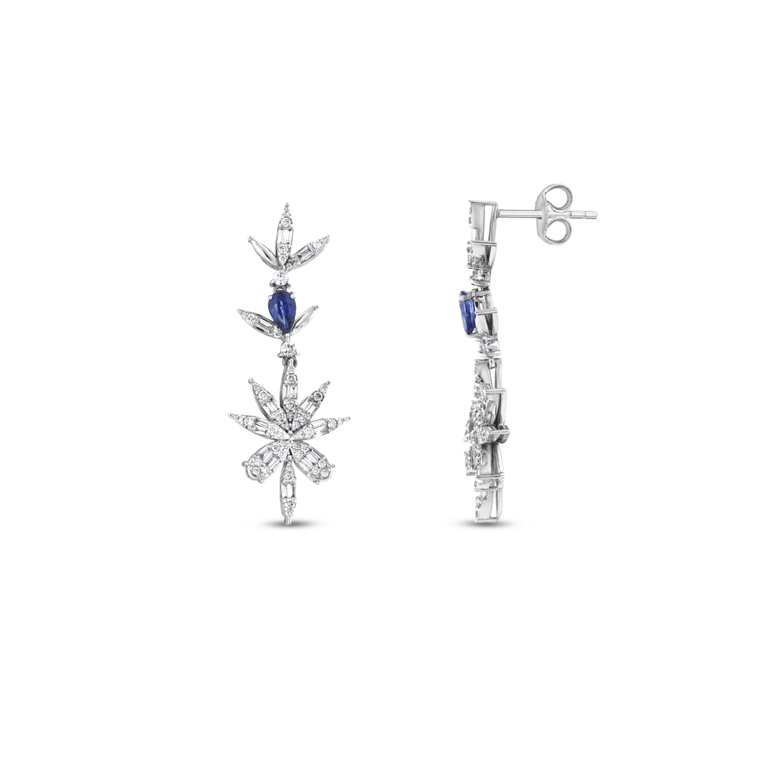 Natural diamond and sapphire flower drop earring in 14K white gold from the front and the side, showing the post and butterfly back