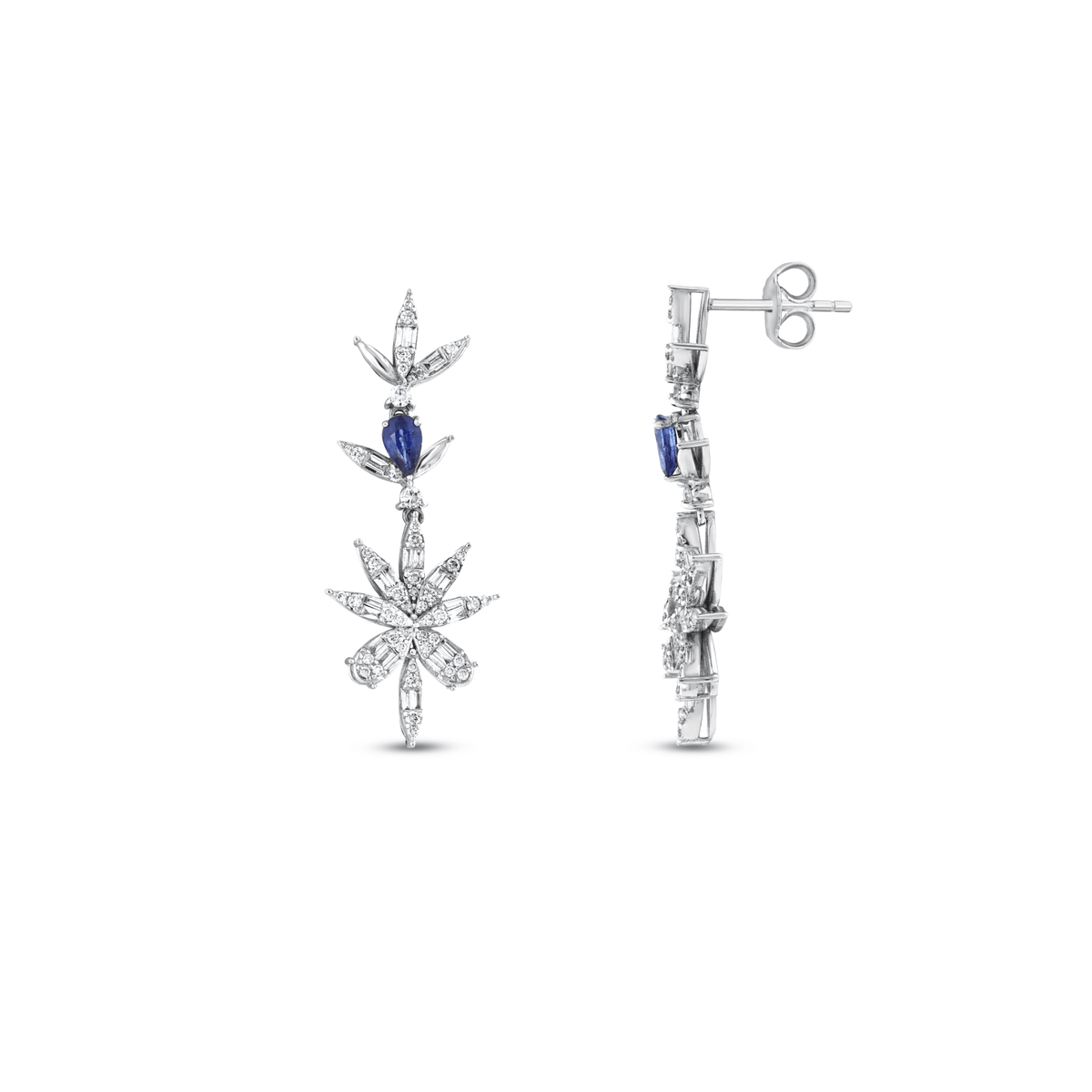 Natural diamond and sapphire flower drop earring in 14K white gold from the front and the side, showing the post and butterfly back