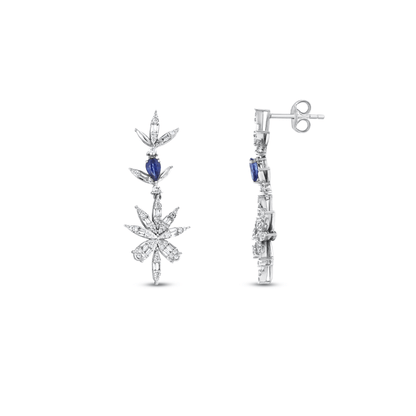 Natural diamond and sapphire flower drop earring in 14K white gold from the front and the side, showing the post and butterfly back