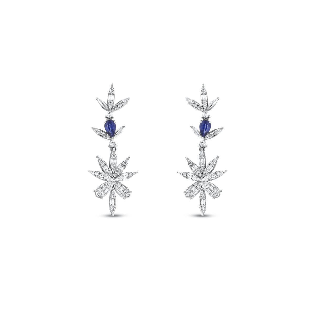 Pair of 0.82 ct tw natural diamond and sapphire flower drop earrings in 14K white gold seen from the front