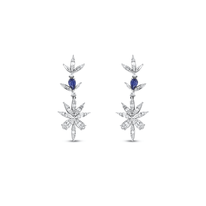Pair of 0.82 ct tw natural diamond and sapphire flower drop earrings in 14K white gold seen from the front