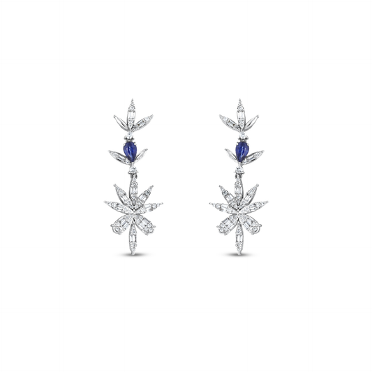 Pair of 0.82 ct tw natural diamond and sapphire flower drop earrings in 14K white gold seen from the front