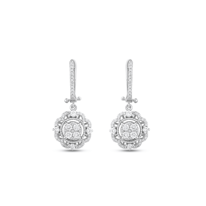 Pair of natural diamond flower halo cluster drop earrings on diamond-set lever backs in 14K solid white gold, front view on white.