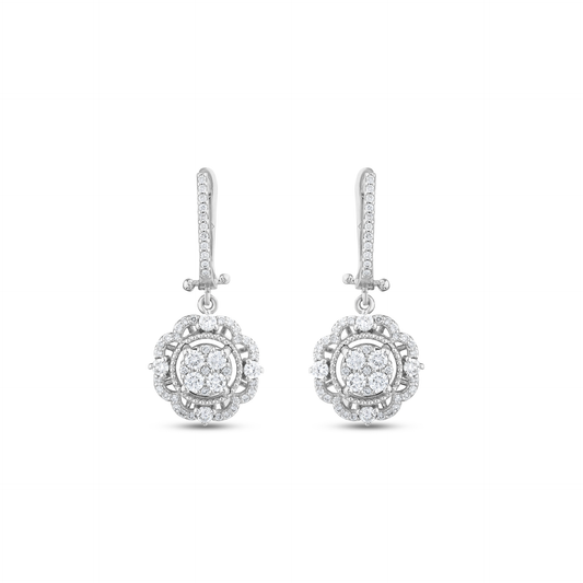 Pair of natural diamond flower halo cluster drop earrings on diamond-set lever backs in 14K solid white gold, front view on white.