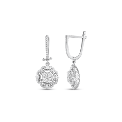 Natural diamond flower halo drop earring in 14K white gold, front and side view showing the hinged lever back.