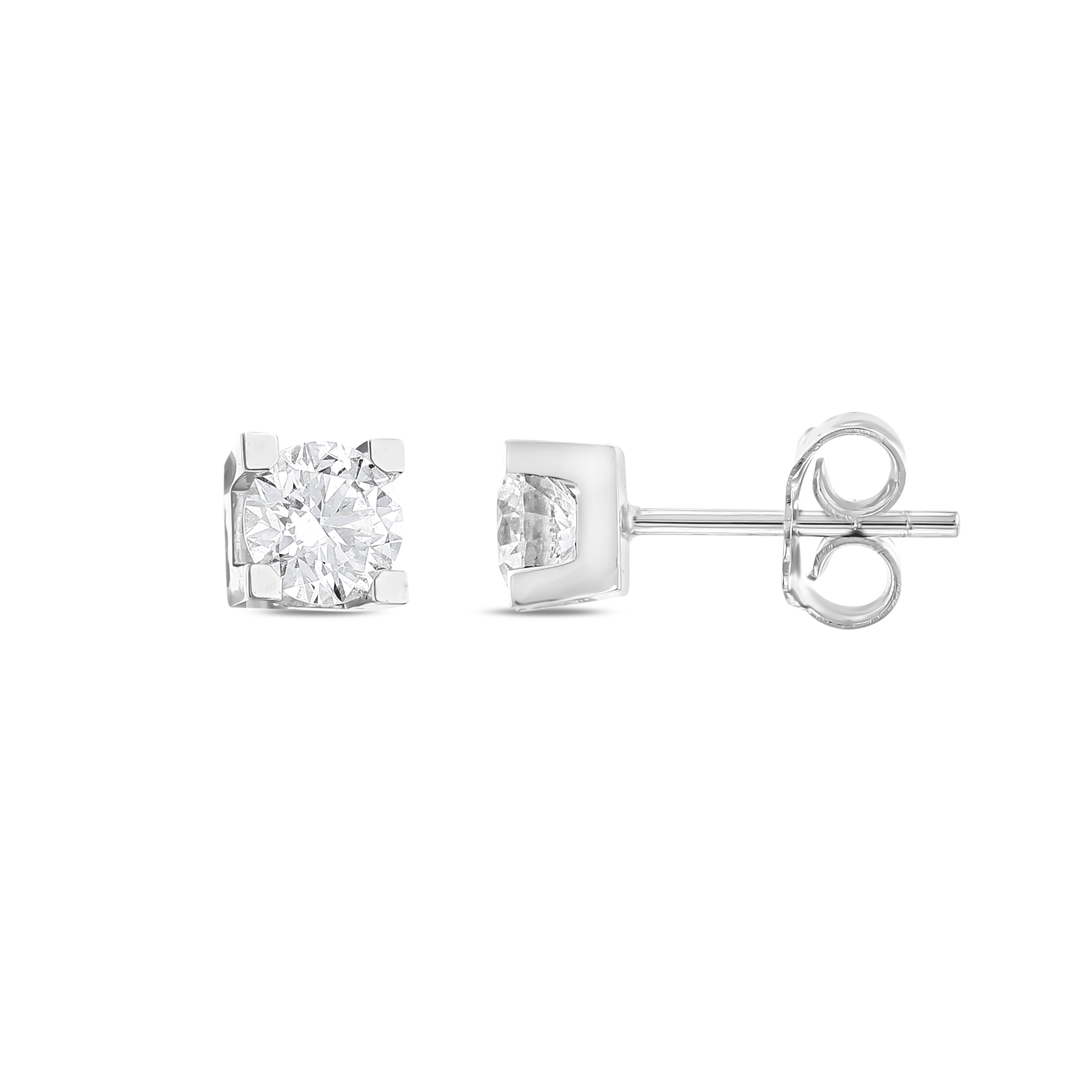 Natural diamond solitaire stud earring in 14K white gold, front and side view with the post and butterfly back