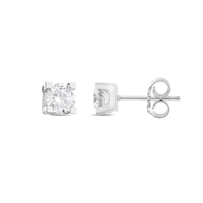 Natural diamond solitaire stud earring in 14K white gold, front and side view with the post and butterfly back