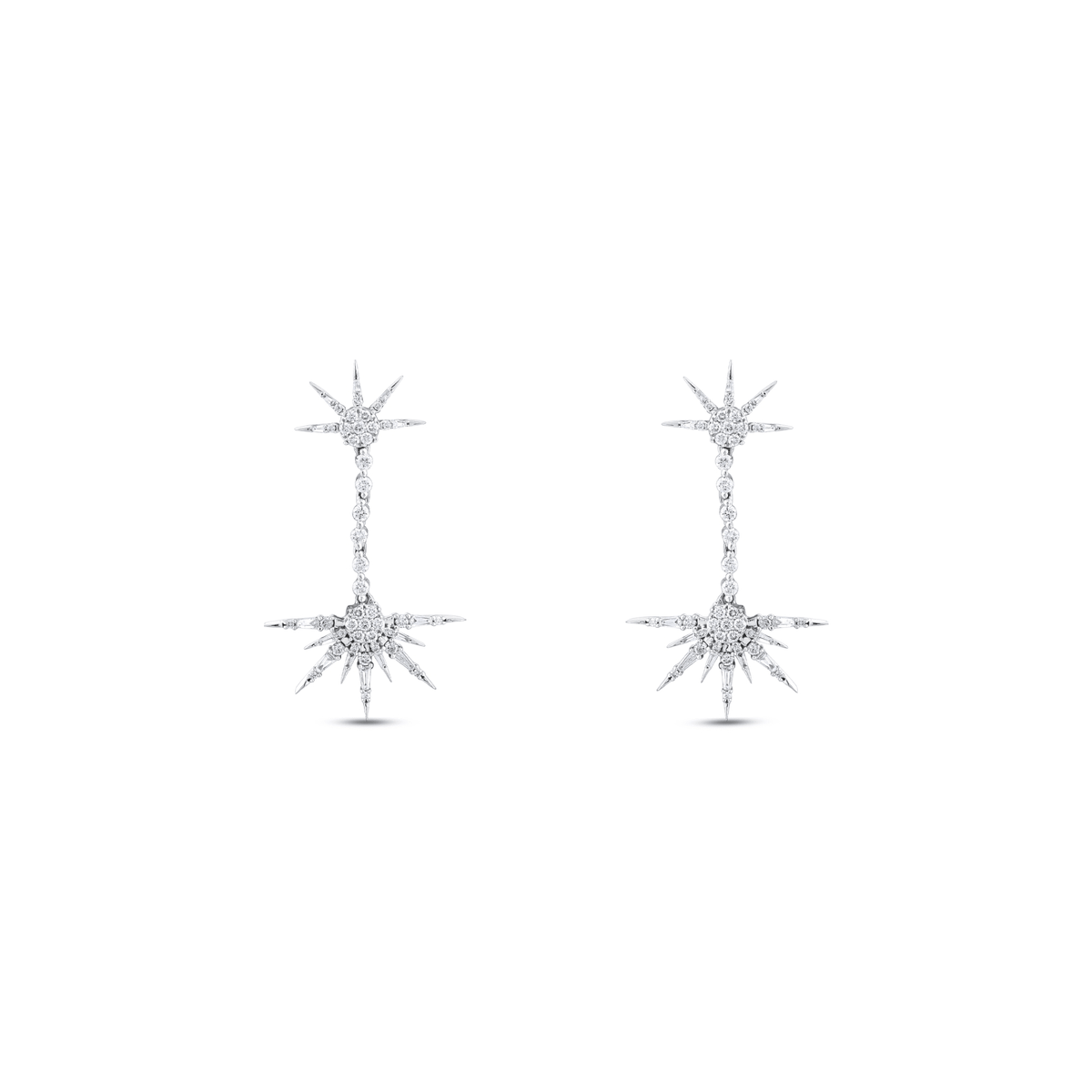 Pair of 1.24 ct tw natural diamond starburst drop earrings in 18K white gold, front view