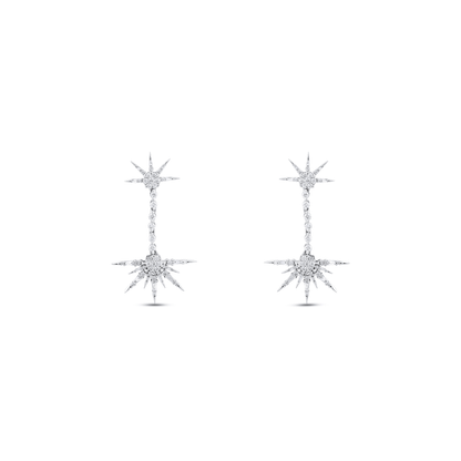 Pair of 1.24 ct tw natural diamond starburst drop earrings in 18K white gold, front view