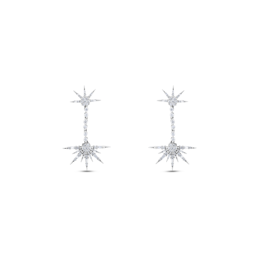 Pair of 1.24 ct tw natural diamond starburst drop earrings in 18K white gold, front view
