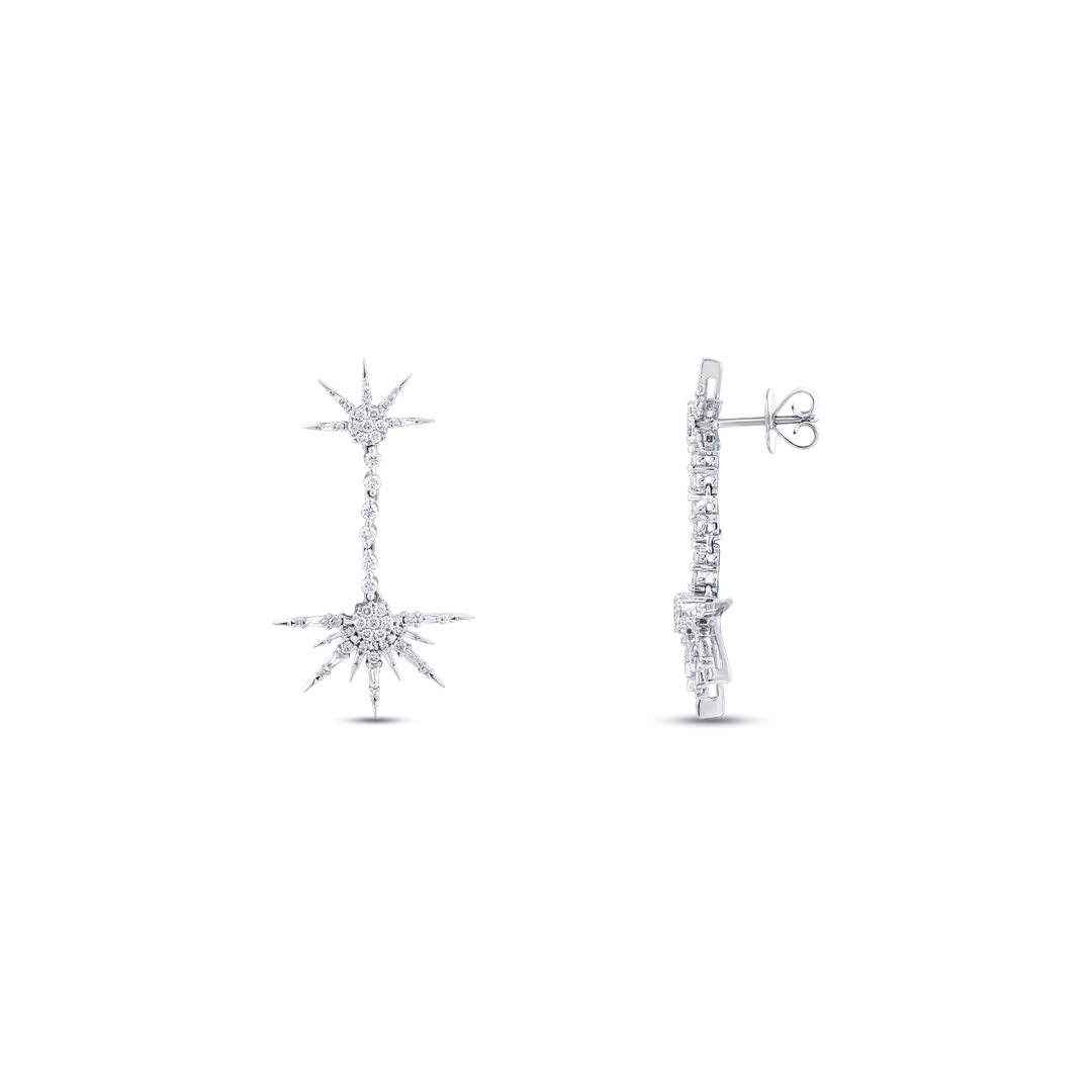 Natural diamond starburst drop earring in 18K white gold, front and side view showing the post and butterfly back