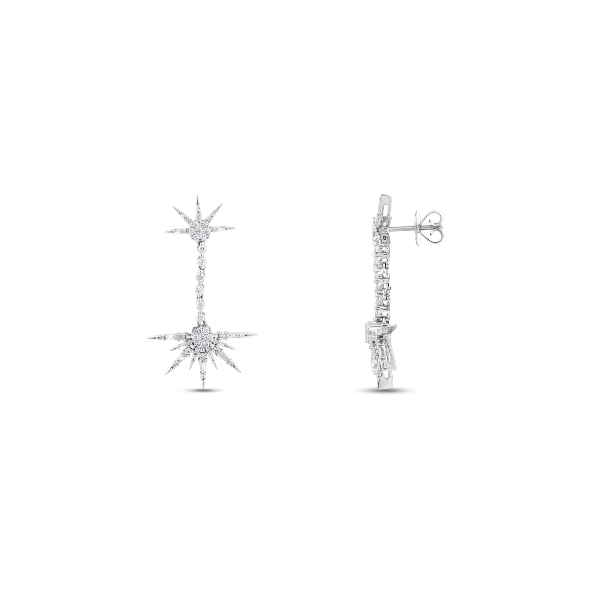 Natural diamond starburst drop earring in 18K white gold, front and side view showing the post and butterfly back