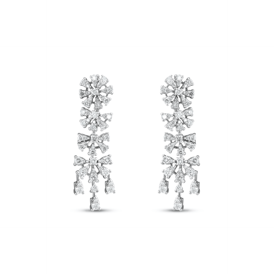 Pair of 1.43 ct tw natural diamond flower chandelier drop earrings in 14K white gold seen from the front