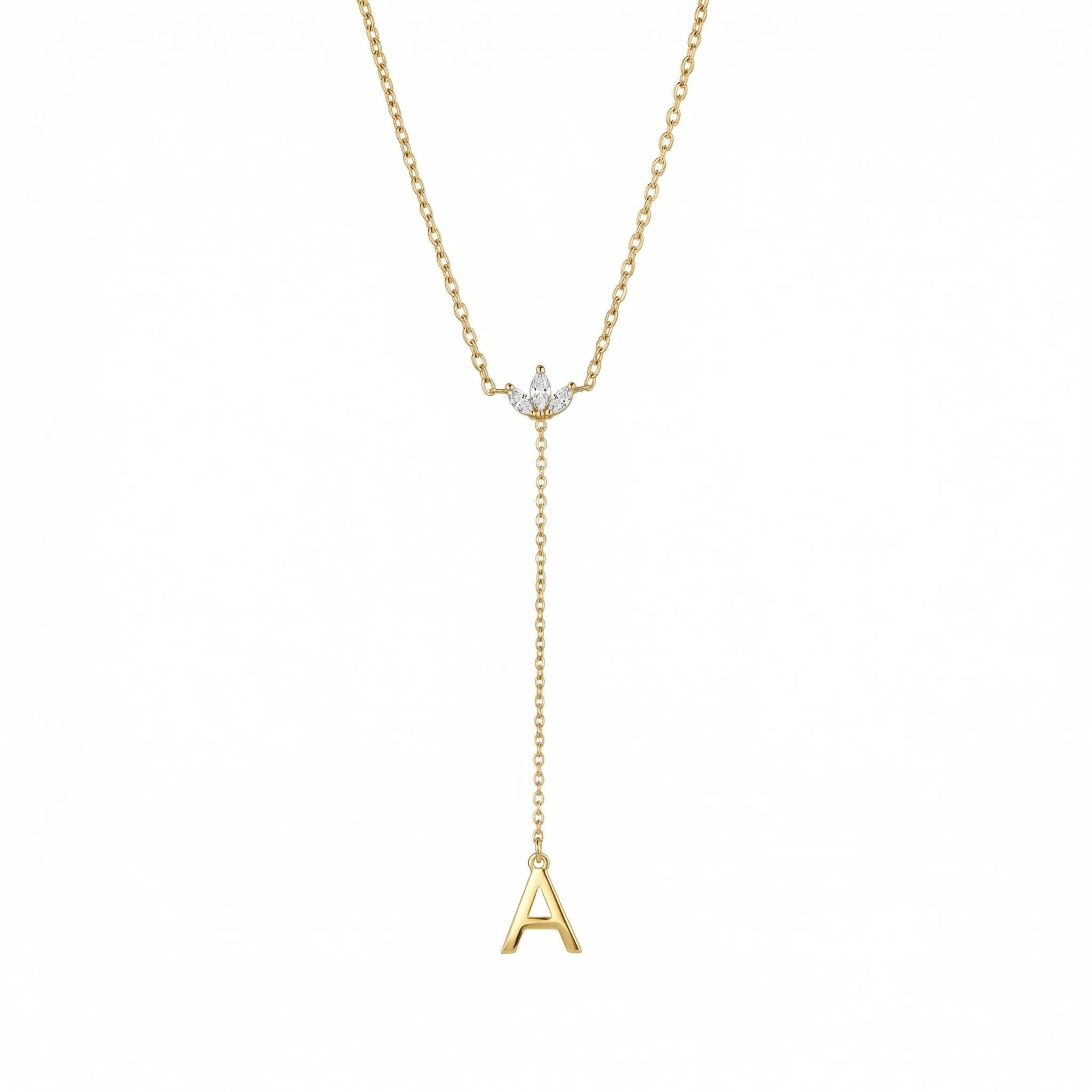 Gold Initial Lariat Necklace — Dainty Crown Crystal Letter Pendant