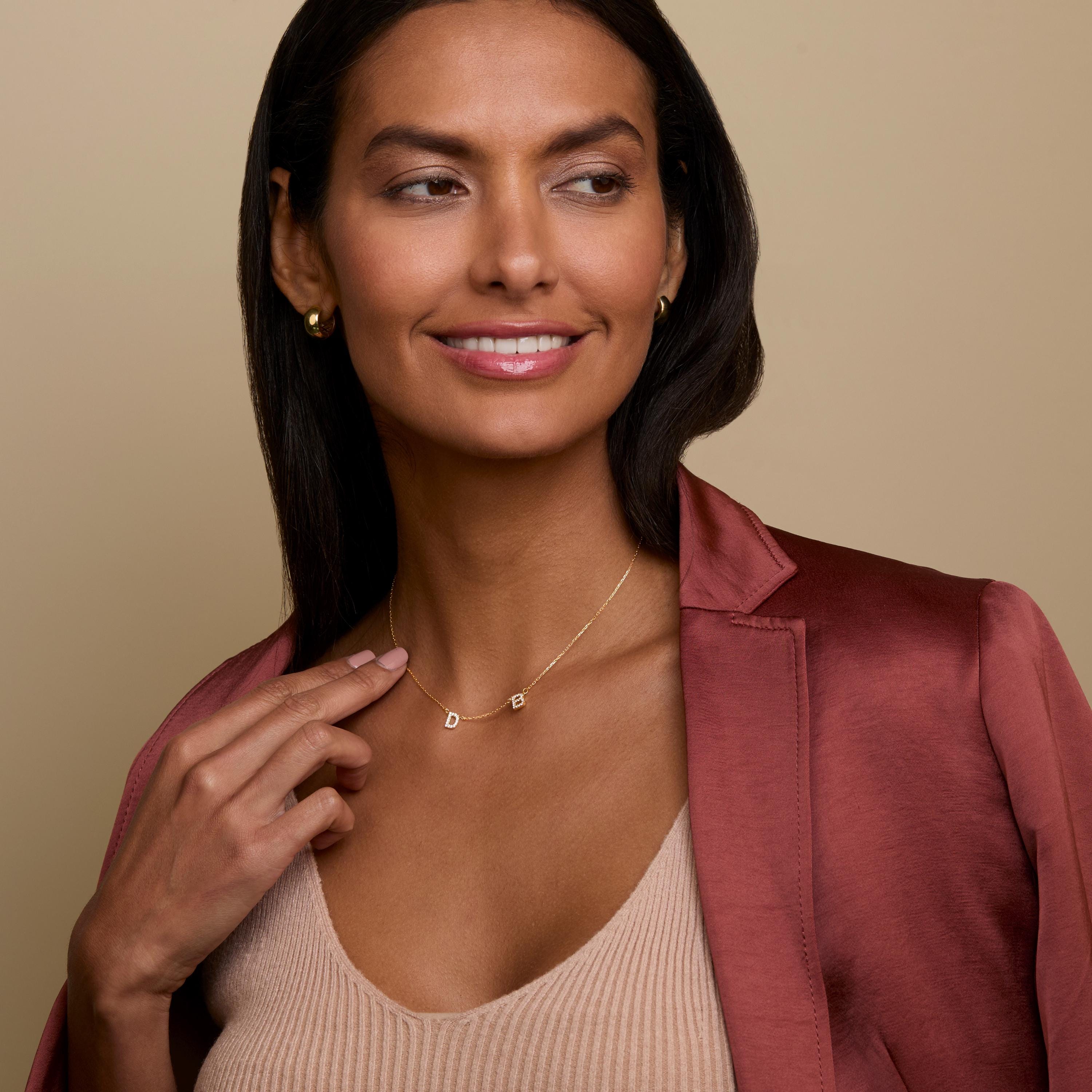 14K Pavé Gold Initial Necklace styled with complementary pieces in 18K Gold Vermeil. Hypoallergenic, no green marks.