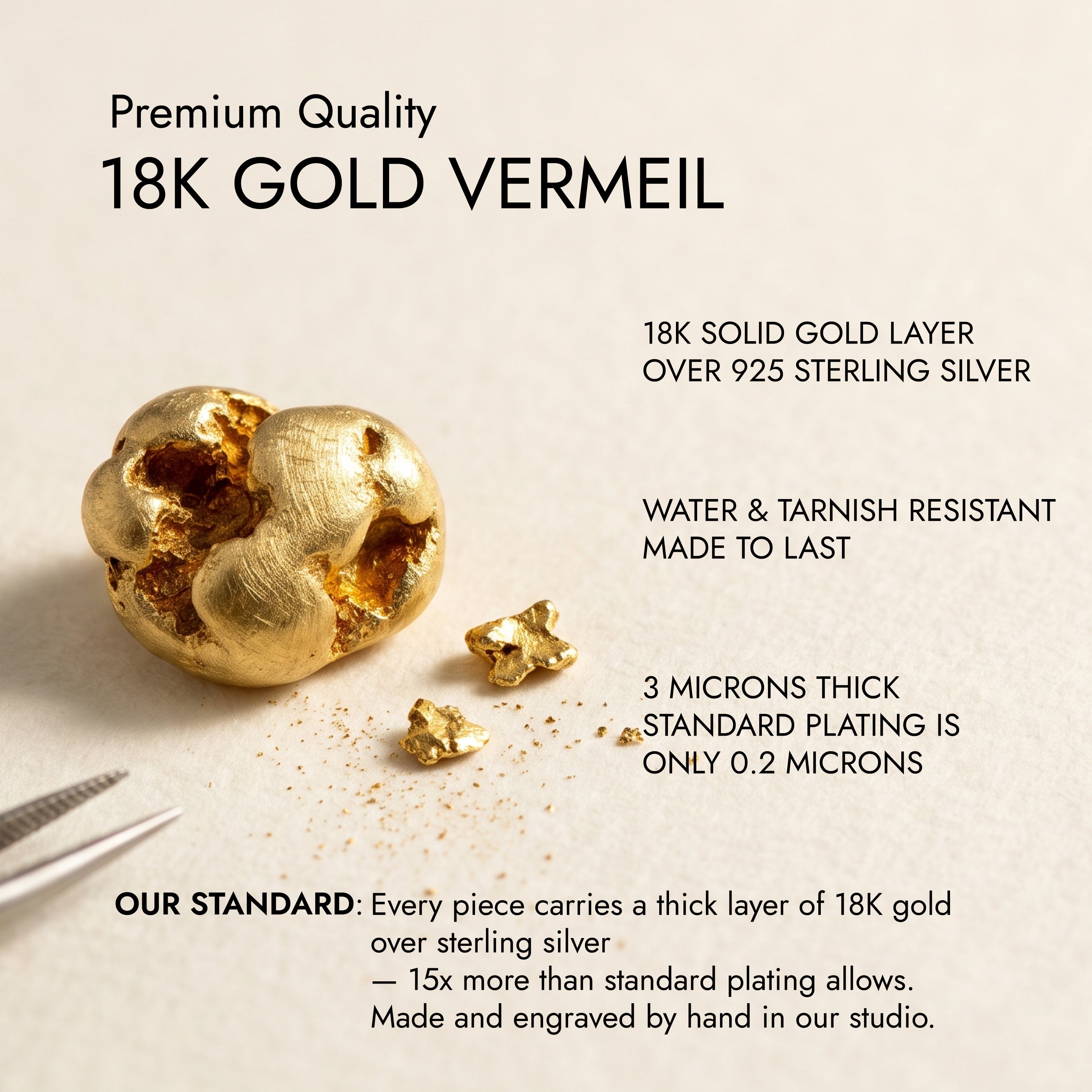 Premium Quality 18K Gold Vermeil — 18K solid gold layer over 925 sterling silver. Water & tarnish resistant, 3 microns thick, made to last.