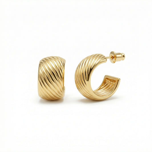 Chunky Textured Hoop Earrings in Gold-Plated Steel. No green marks, perfect for daily wear.