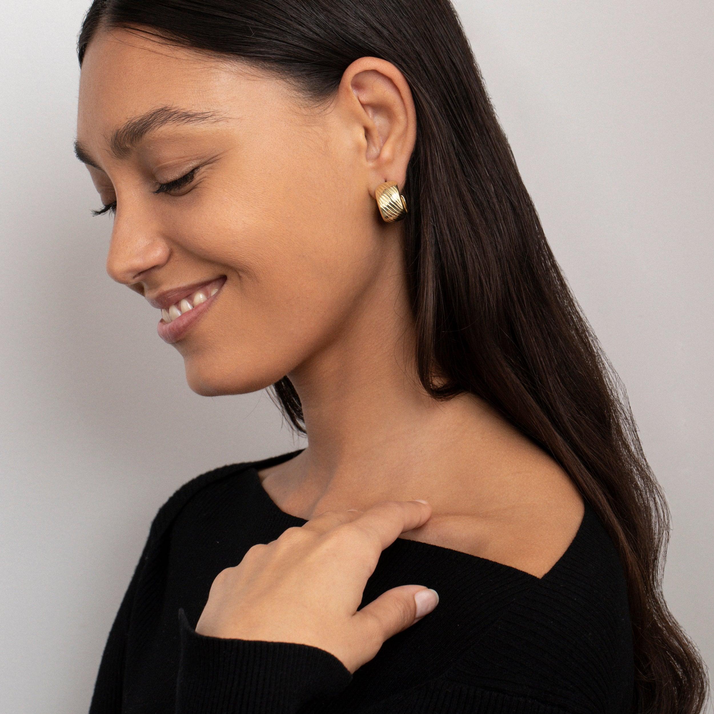 Chunky Textured Hoop Earrings in Glamour Jewelry House gift box — Gold-Plated Steel anniversary gift. No green marks.