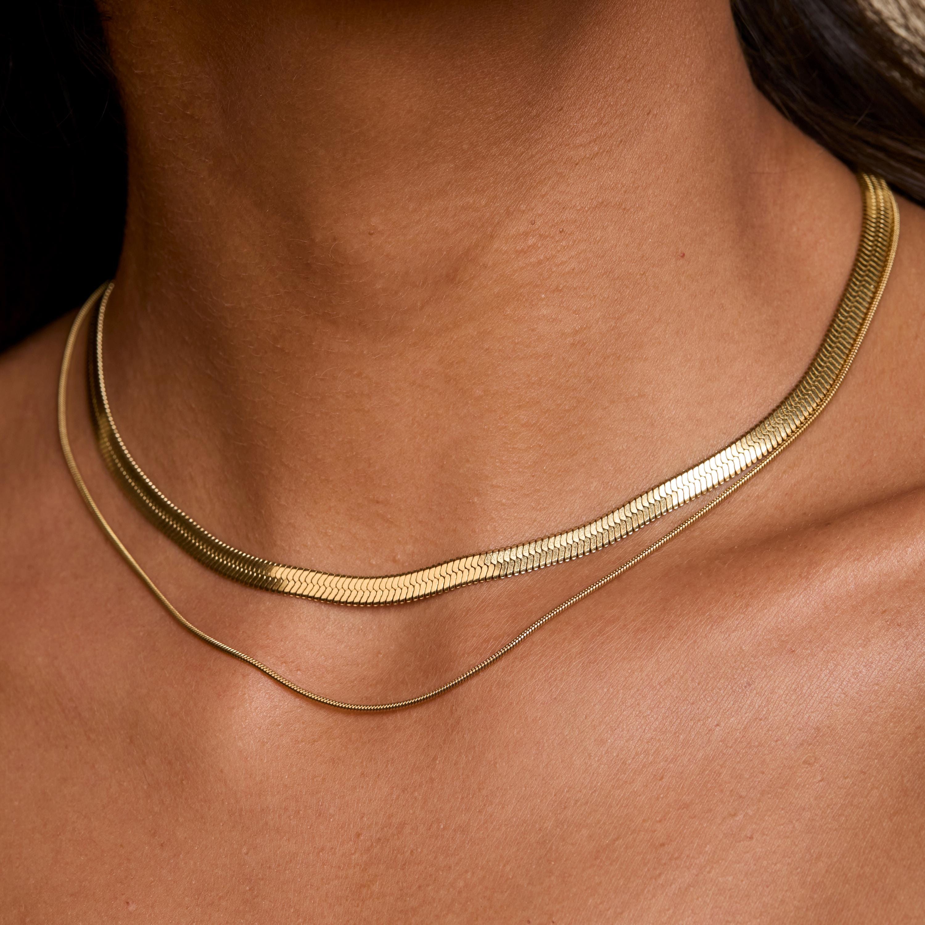 Layered Herringbone and Snake Necklace in Glamour Jewelry House gift box — Gold-Plated Steel anniversary gift.
