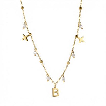 Initial Necklace with Pearls in Gold-Plated Steel with Freshwater Pearl. Tarnish-resistant, perfect for daily wear.
