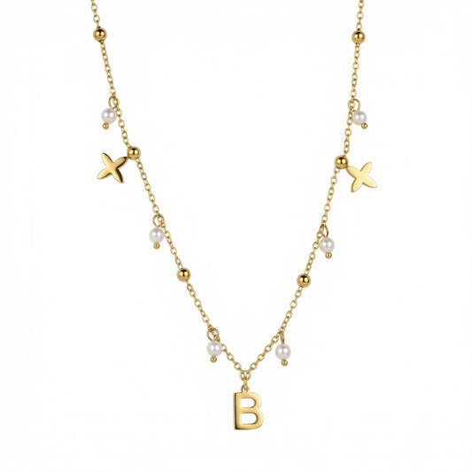 Initial Necklace with Pearls in Gold-Plated Steel with Freshwater Pearl. Tarnish-resistant, perfect for daily wear.