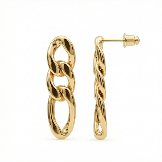 Gold Chain Link Drop Earrings in Gold-Plated Steel. No green marks, perfect for daily wear.