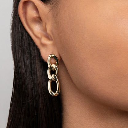 Close detail of the Gold Chain Link Drop Earrings in Gold-Plated Steel. Tarnish-resistant, premium handmade jewelry.