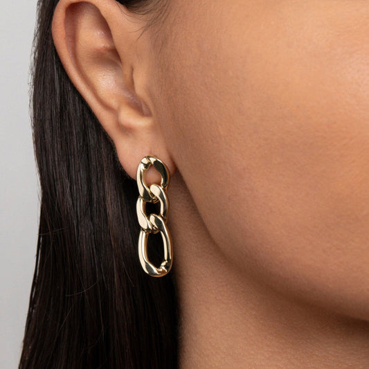Close detail of the Gold Chain Link Drop Earrings in Gold-Plated Steel. Tarnish-resistant, premium handmade jewelry.