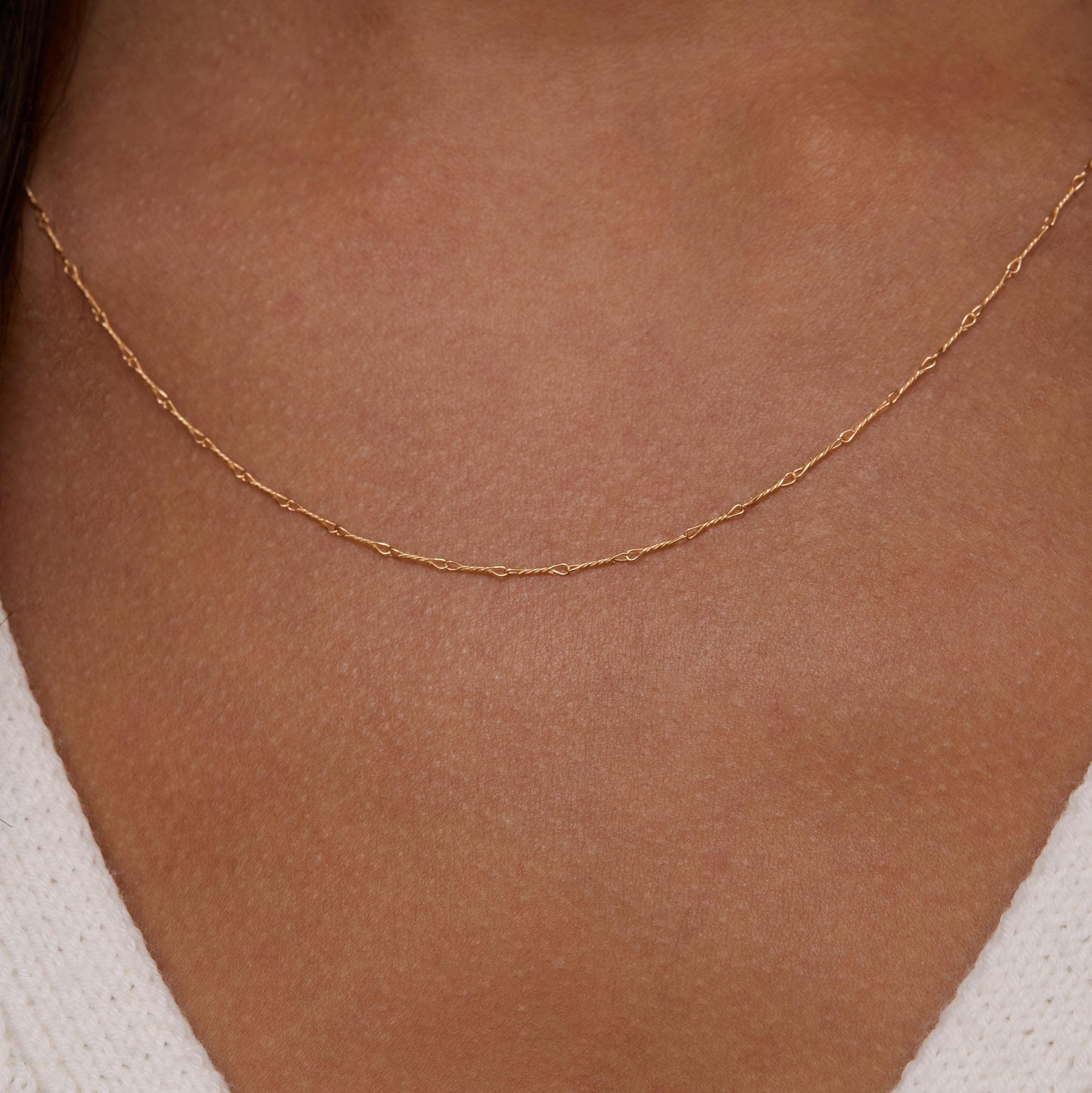 Close detail of the Gold Dainty Twist Layering Chain in 18K Gold Vermeil. Hypoallergenic, no green marks, premium handmade.