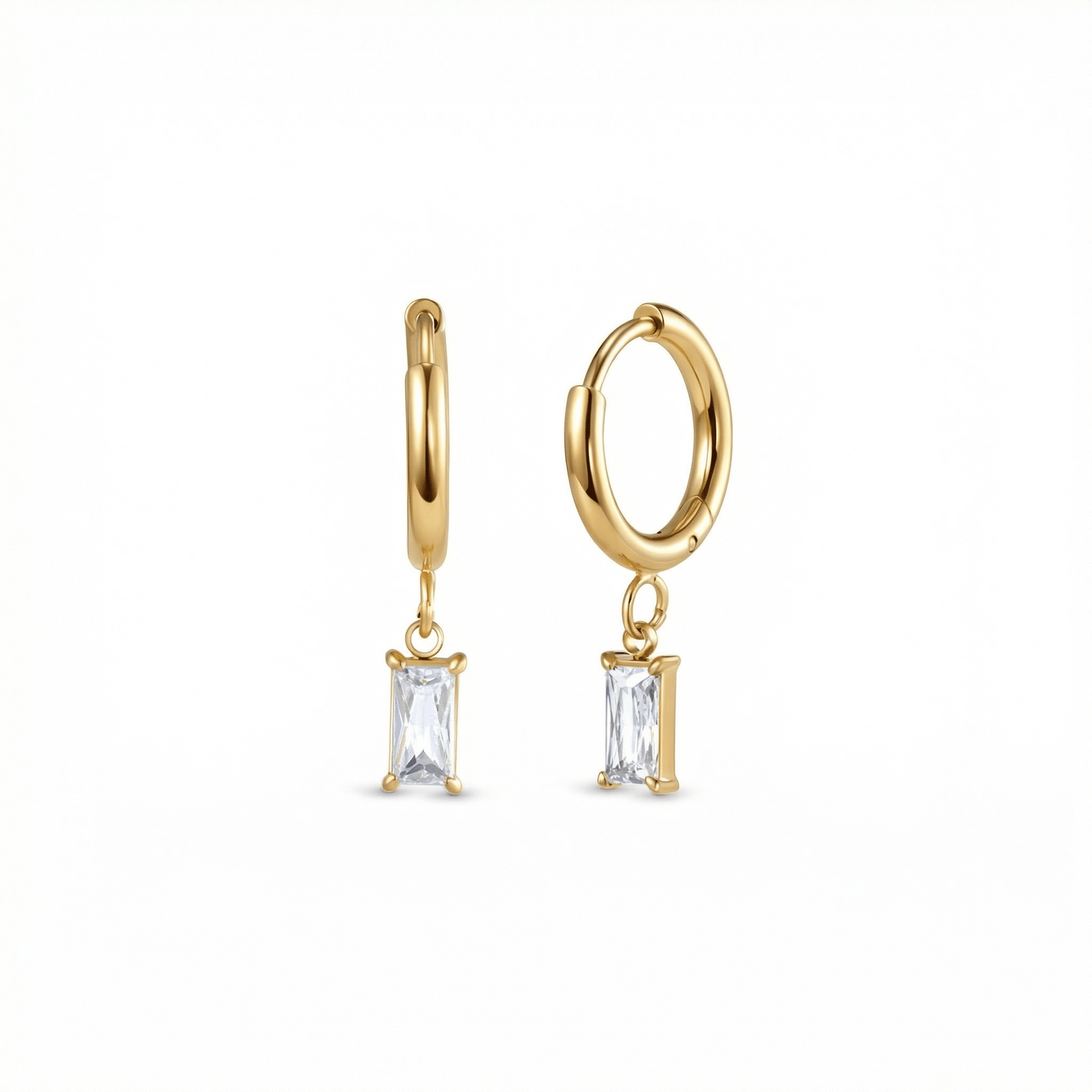 Dangling Baguette CZ Diamond Hoop Earrings in Gold-Plated Steel with CZ Diamond. No green marks, perfect for daily wear.