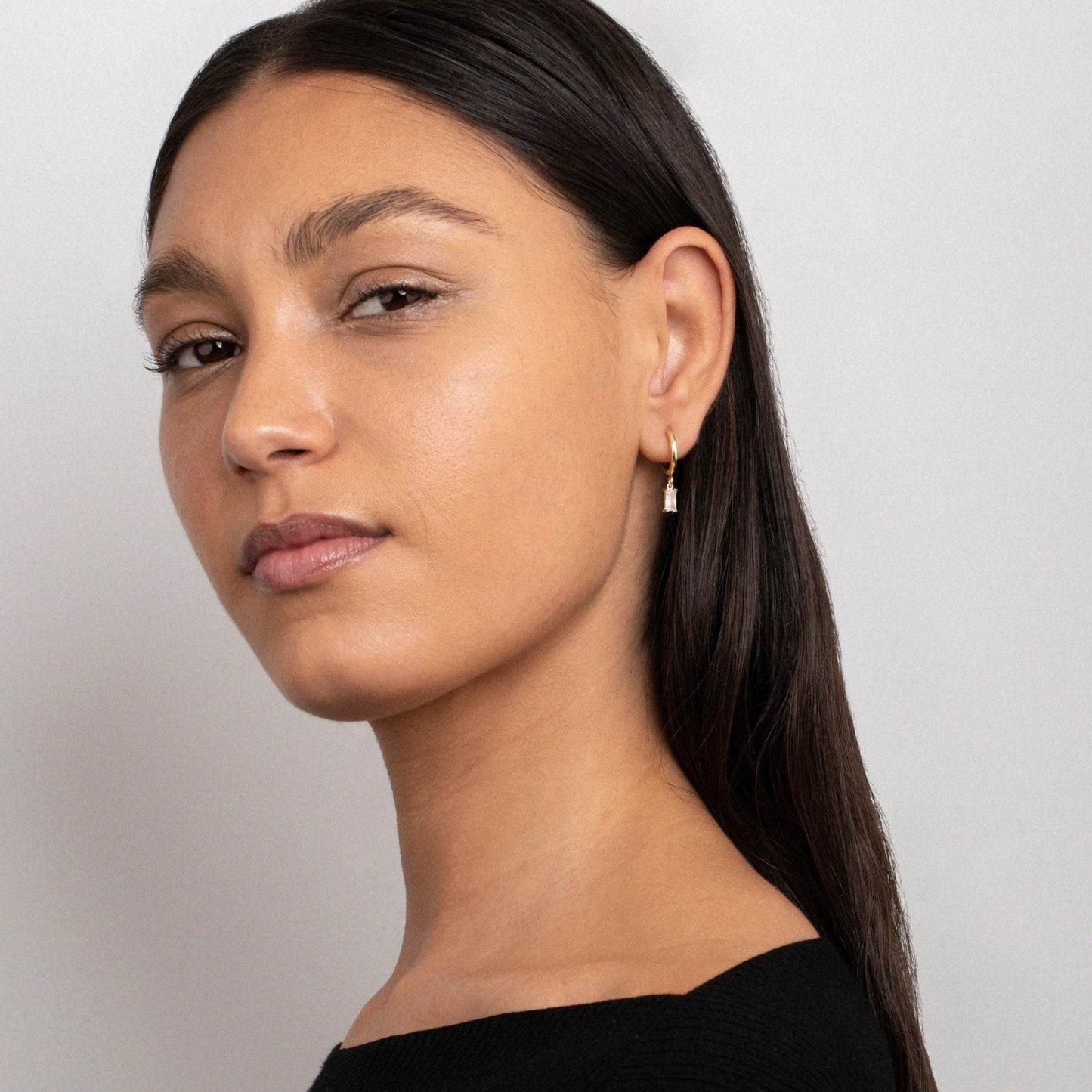 Dangling Baguette CZ Diamond Hoop Earrings in Glamour Jewelry House gift box — Gold-Plated Steel bridesmaid gift. No green.