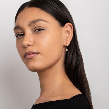 Dangling Baguette CZ Diamond Hoop Earrings in Glamour Jewelry House gift box — Gold-Plated Steel bridesmaid gift. No green.