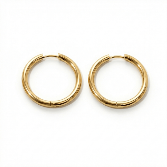 18K Plated Gold Hoop Earrings Multi Size in Gold-Plated Steel. No green marks, perfect for daily wear.