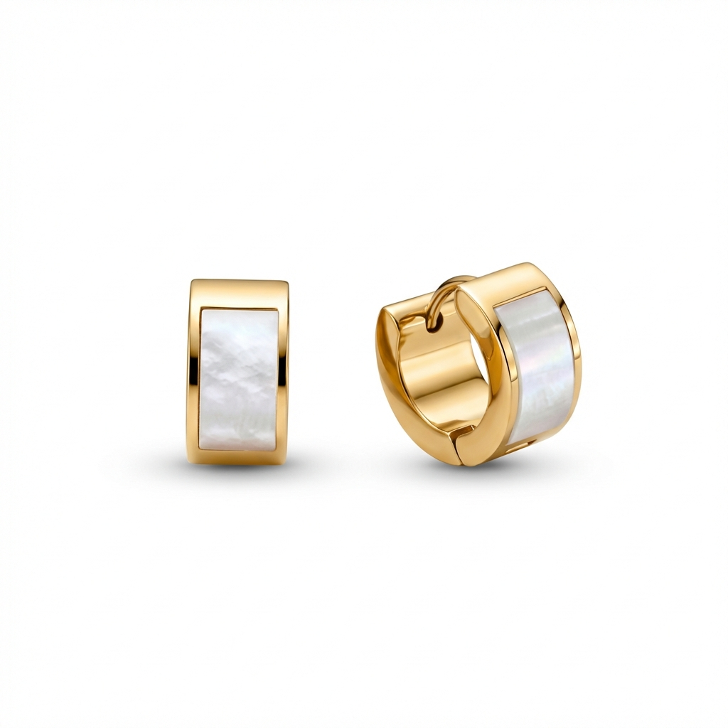 18K Gold Plated Mother of Pearl Hoop Earrings in Gold-Plated Steel with Freshwater Pearl. No green marks, perfect for daily.