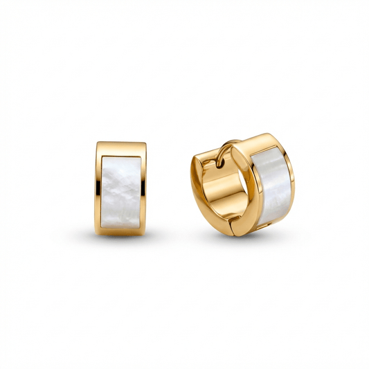 18K Gold Plated Mother of Pearl Hoop Earrings in Gold-Plated Steel with Freshwater Pearl. No green marks, perfect for daily.