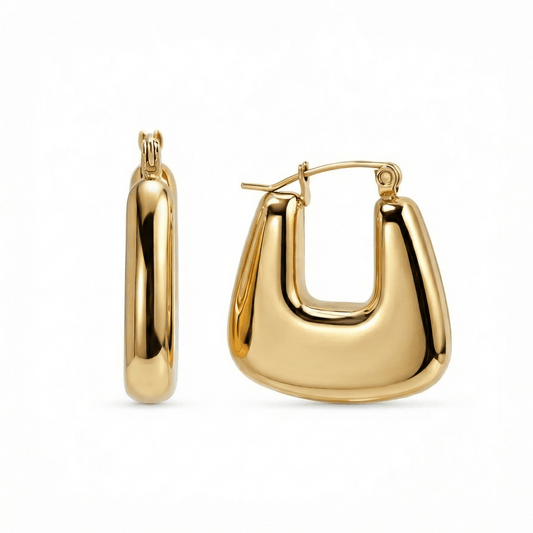 Geometric Hexagon Hoop Earrings in Gold-Plated Steel. No green marks, perfect for daily wear.