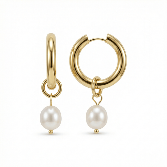 Chunky Pearl Hoop Earrings in Gold-Plated Steel with Freshwater Pearl. No green marks, perfect for daily wear.