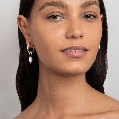 Chunky Pearl Hoop Earrings in Glamour Jewelry House gift box — Gold-Plated Steel anniversary gift. No green marks.