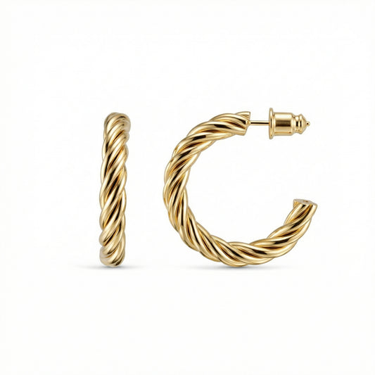 Twisted Hoop Earrings in Gold-Plated Steel. No green marks, perfect for daily wear.