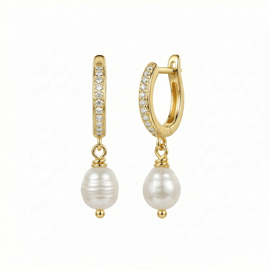 Pavé Pearl Hoop Earrings in 18K Gold Vermeil with Freshwater Pearl and CZ Diamond. No green marks, perfect for daily wear.
