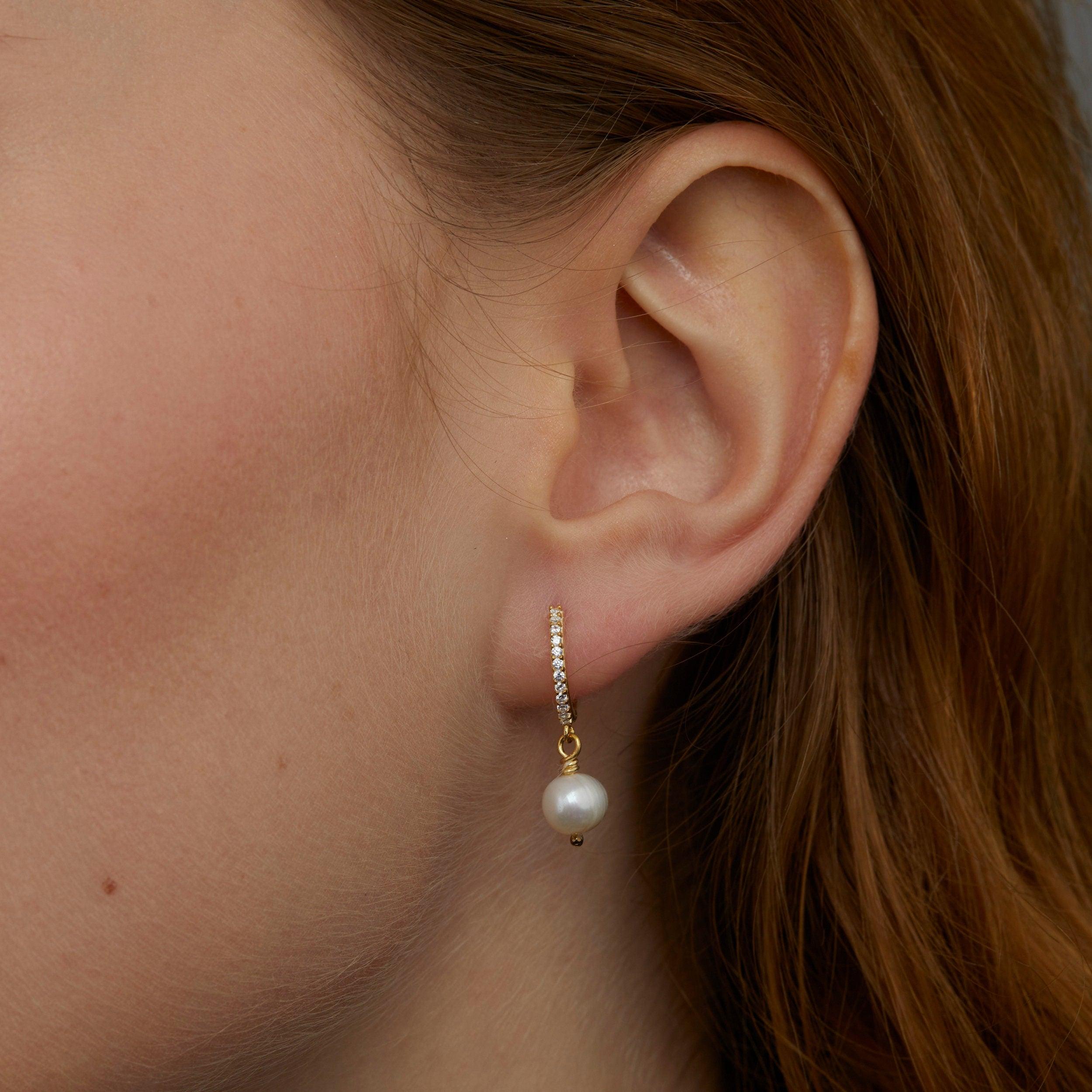 Pavé Pearl Hoop Earrings as a thoughtful birthday gift in 18K Gold Vermeil with Freshwater Pearl and CZ Diamond.