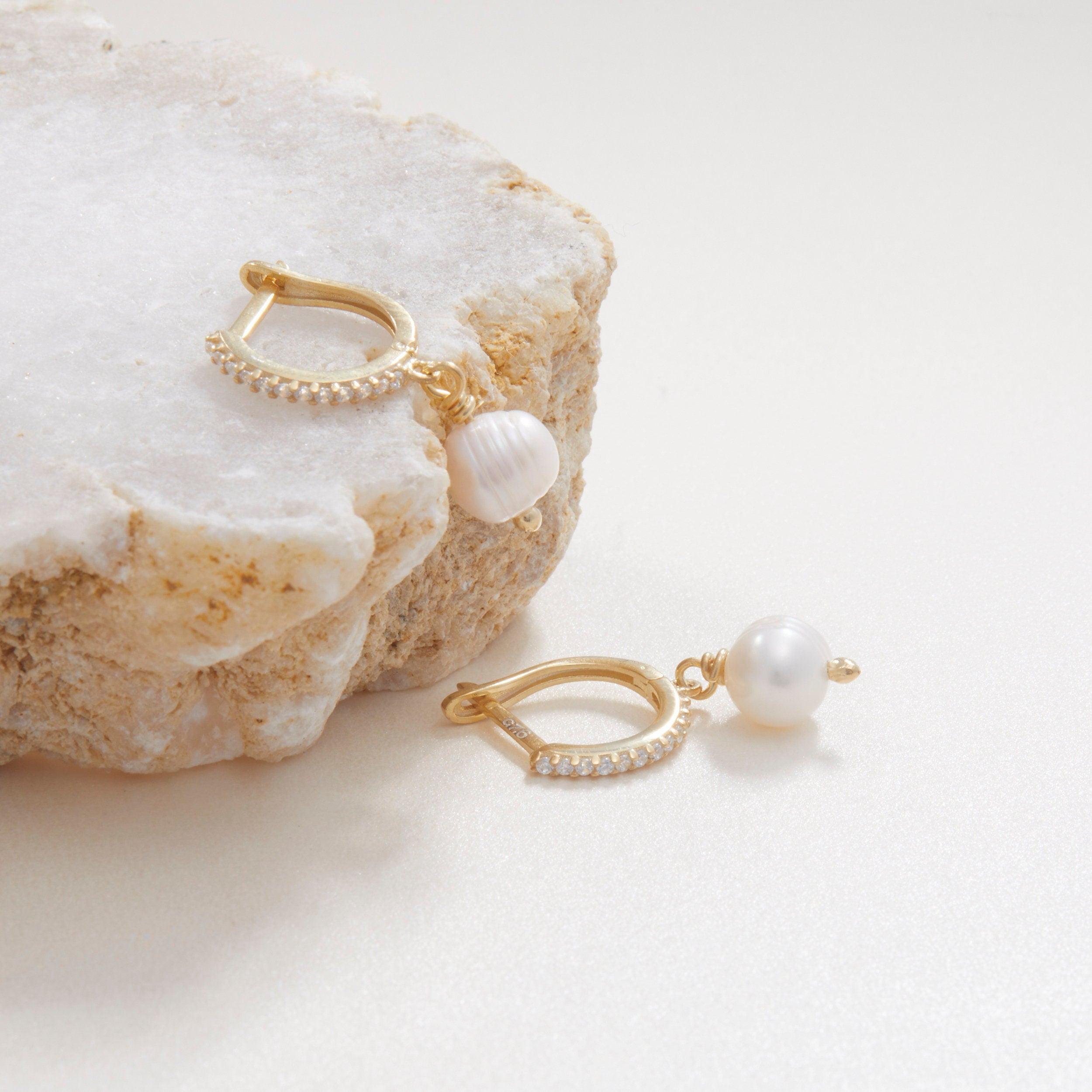 Pavé Pearl Hoop Earrings in Glamour Jewelry House gift box — 18K Gold Vermeil anniversary gift. No green marks.