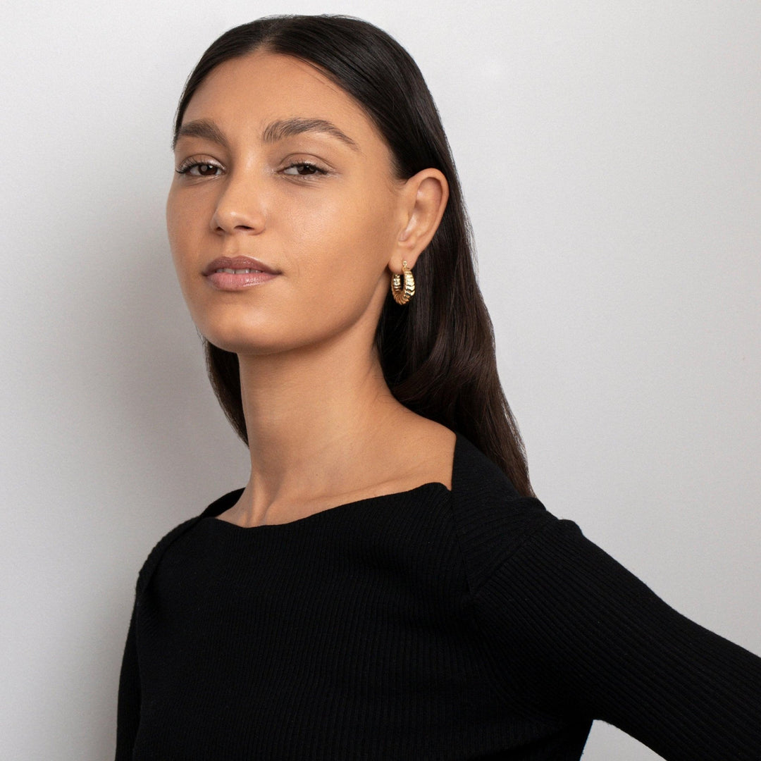 Shrimp Shell Hoop Earrings in Glamour Jewelry House gift box — Gold-Plated Steel anniversary gift. No green marks.