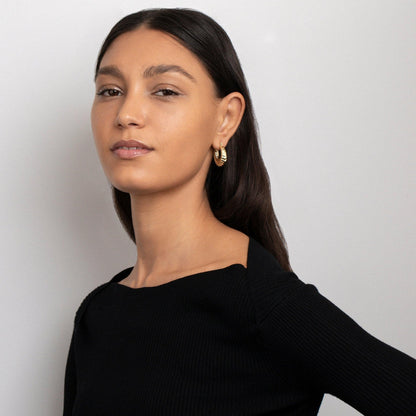 Shrimp Shell Hoop Earrings in Glamour Jewelry House gift box — Gold-Plated Steel anniversary gift. No green marks.